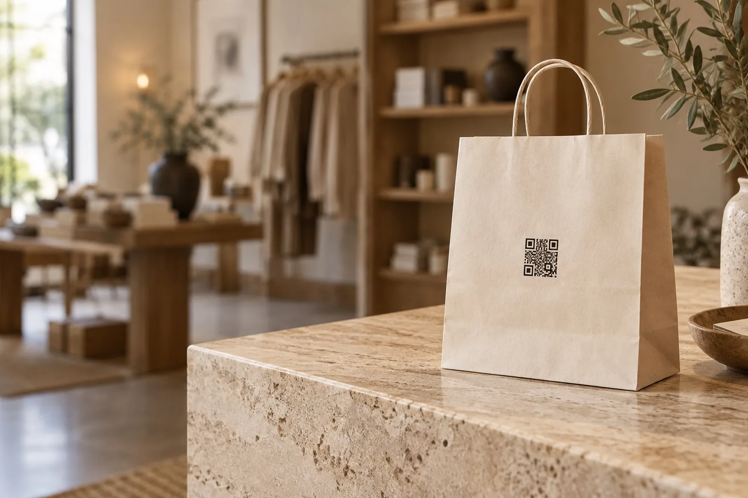 A paper shopping bag on a warm stone counter